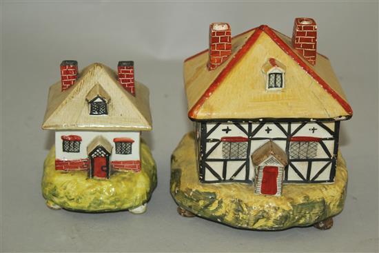 Two Staffordshire pearlware cottage pastille burners and covers, c.1820, height 8.5 - 11.5cm, largest with repairs